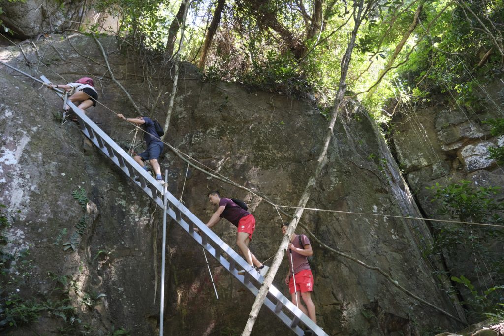 a group of people climbing a ladder