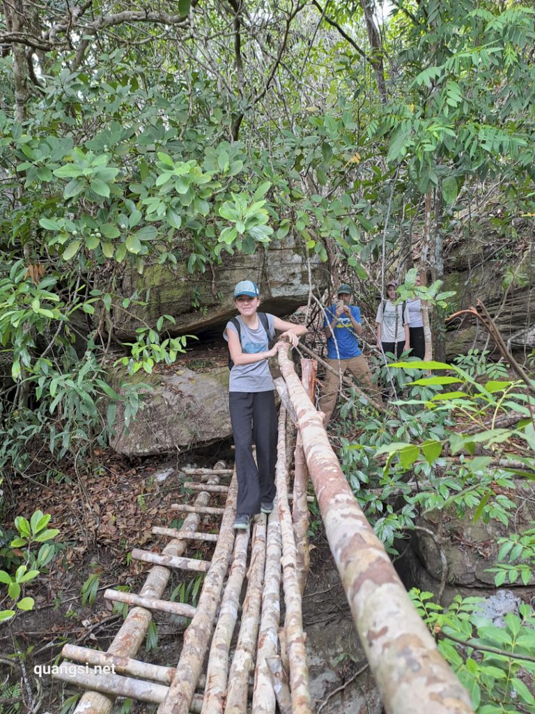 a woman standing on a bridge over a stream